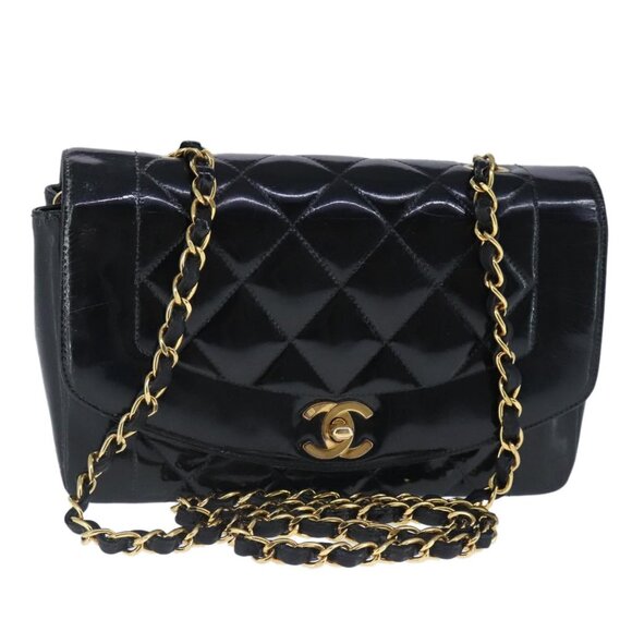 CHANEL Diana Matelasse Chain Shoulder Bag Patent Black Gold CC Auth - Picture 1 of 16
